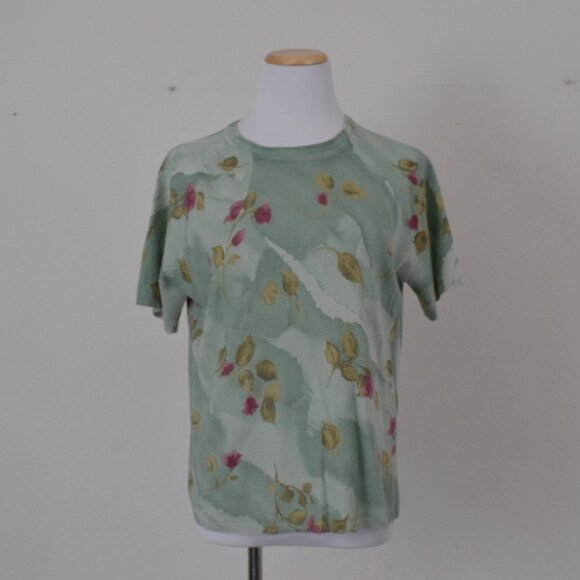 Vintage 90s ramie/acrylic Green Floral Knit‎ Top size M - Picture 3 of 10